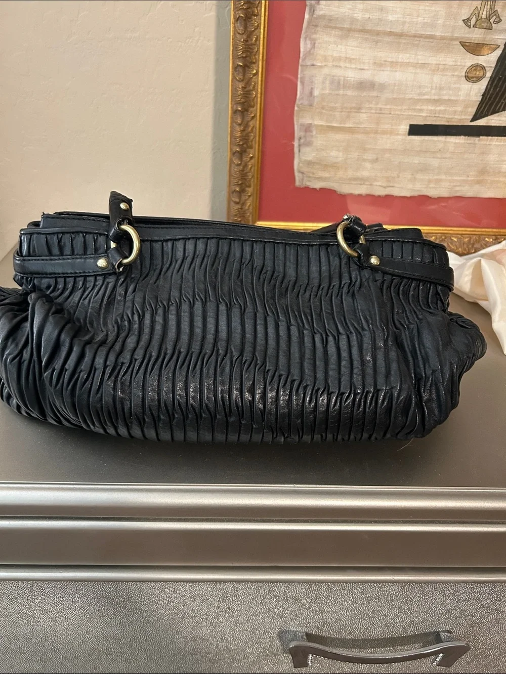 Coach Black Ruched Leather Shoulder Bag with Gold Hardware